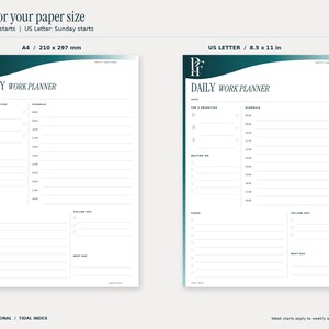 Tidal Index blank daily planner shown in true A4 and US Letter proportions. A4 is 210 by 297 millimetres and US Letter is 8.5 by 11 inches. Weekly and monthly pages are landscape, with Monday starts in A4 and Sunday starts in US Letter. Design uses teal and petrol gradients and the PF monogram.