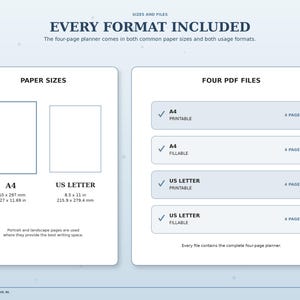 Winter Mountains planner includes four PDF files: printable and fillable versions in A4 and US Letter sizes.