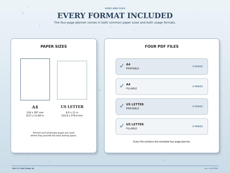 Winter Mountains planner includes four PDF files: printable and fillable versions in A4 and US Letter sizes.