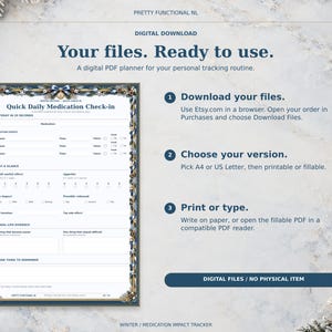 Winter digital medication planner with a browser download guide, paper-size and file-version choices, and print or fill instructions. Digital files only; no physical item.