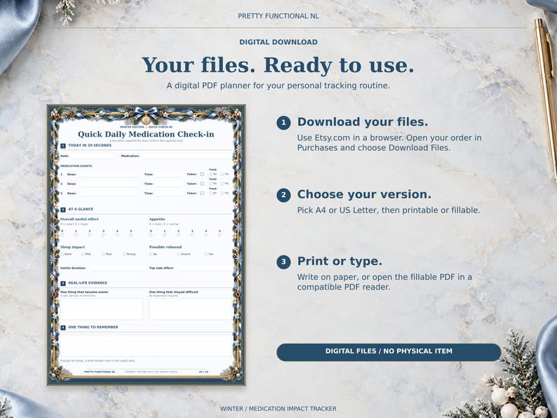 Winter digital medication planner with a browser download guide, paper-size and file-version choices, and print or fill instructions. Digital files only; no physical item.
