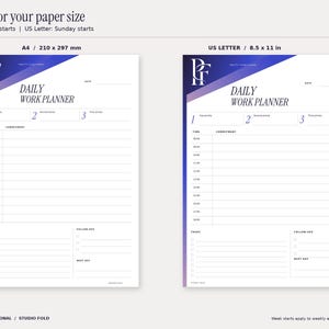 Studio Fold blank daily planner shown in true A4 and US Letter proportions. A4 is 210 by 297 millimetres and US Letter is 8.5 by 11 inches. Weekly and monthly pages are landscape, with Monday starts in A4 and Sunday starts in US Letter. Design uses cobalt and purple gradients and the PF monogram.
