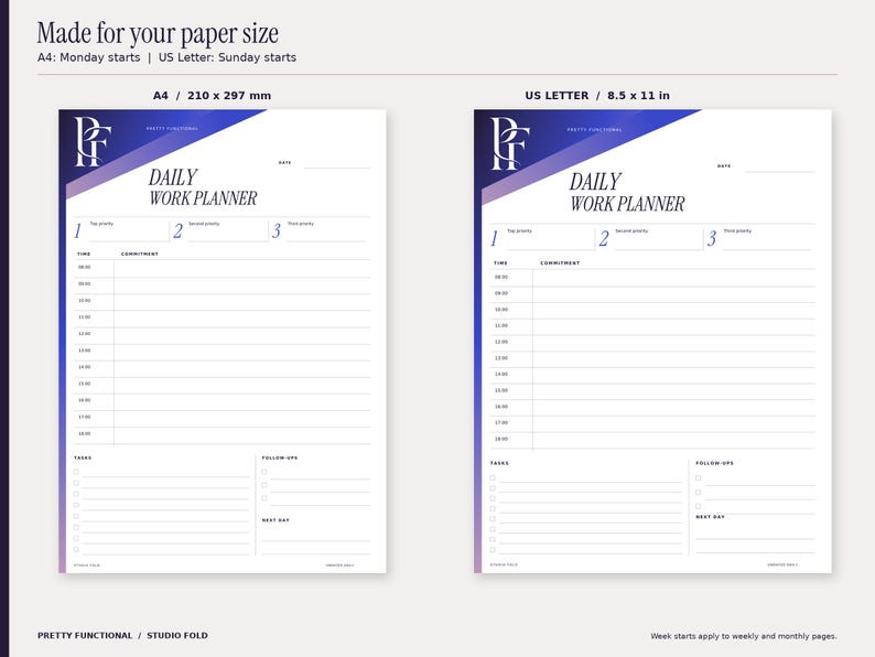 Studio Fold blank daily planner shown in true A4 and US Letter proportions. A4 is 210 by 297 millimetres and US Letter is 8.5 by 11 inches. Weekly and monthly pages are landscape, with Monday starts in A4 and Sunday starts in US Letter. Design uses cobalt and purple gradients and the PF monogram.