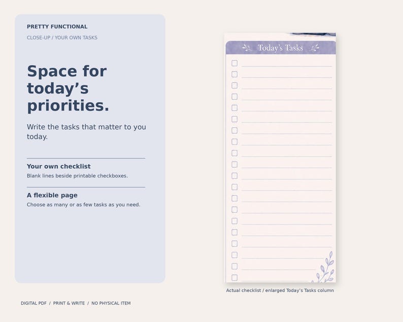 Enlarged Today’s Tasks column from the actual Cozy Daily To-Do List, showing empty handwritten task lines and printable checkboxes.