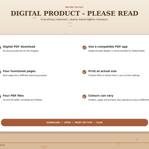 Digital autumn planner information explaining PDF download, printable and fillable files, compatible PDF apps, actual-size printing and no physical item shipped.