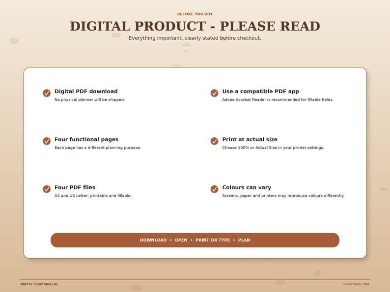 Digital autumn planner information explaining PDF download, printable and fillable files, compatible PDF apps, actual-size printing and no physical item shipped.