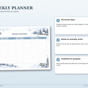 Snowy Cottage Weekly Planner preview with Monday through Sunday columns and sixteen writing lines per day on an undated snowy forest page.