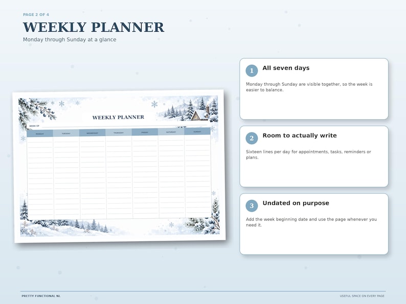 Snowy Cottage Weekly Planner preview with Monday through Sunday columns and sixteen writing lines per day on an undated snowy forest page.