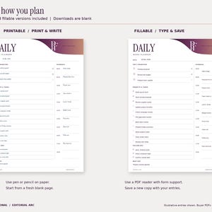 Editorial Arc daily planner comparison: a blue pen-style printed example beside the saved typed fillable-PDF example. Both formats and both paper sizes are included; customer files are blank. Design uses plum and copper gradients and the PF monogram.