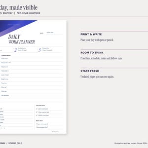 Studio Fold daily printable planner with a November 2 workday example, top priorities, hourly schedule, tasks and follow-ups. Blue handwriting-style entries demonstrate print-and-write use. Design uses cobalt and purple gradients and the PF monogram.
