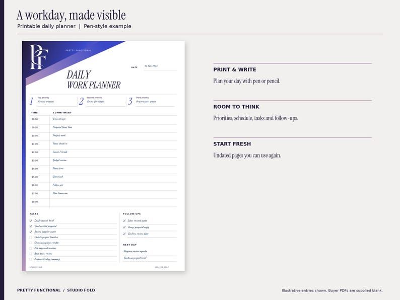 Studio Fold daily printable planner with a November 2 workday example, top priorities, hourly schedule, tasks and follow-ups. Blue handwriting-style entries demonstrate print-and-write use. Design uses cobalt and purple gradients and the PF monogram.