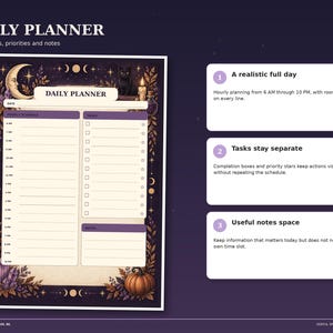 Witchy Night daily planner page with an hourly schedule from 6 AM to 10 PM, separate task checklist and notes area, framed by moons, crystals and autumn details.