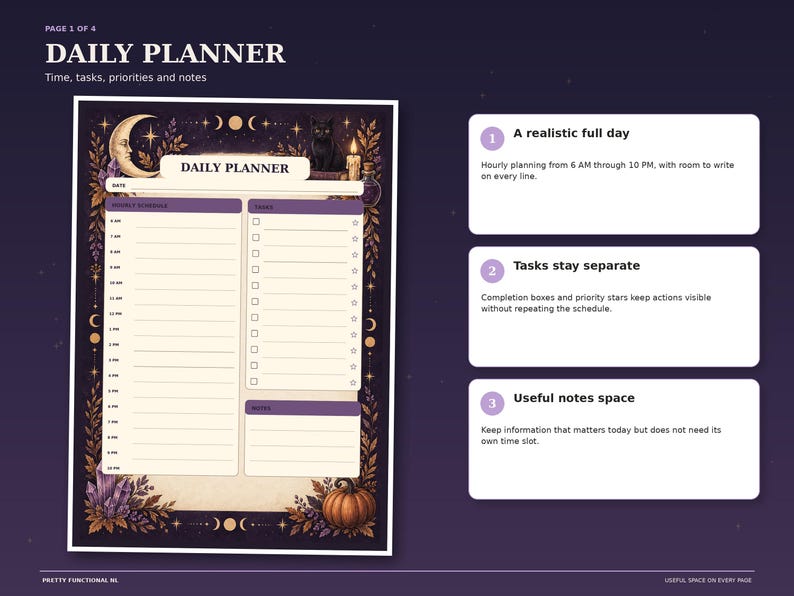 Witchy Night daily planner page with an hourly schedule from 6 AM to 10 PM, separate task checklist and notes area, framed by moons, crystals and autumn details.