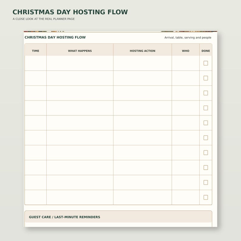 Enlarged detail of Christmas Dinner & Hosting Planner page 4: Christmas Day hosting flow; readable original table and writing areas.