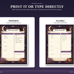 Side-by-side Witchy Night planner examples showing the printable version for handwriting and the fillable PDF version for typing directly.