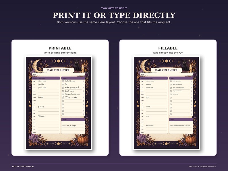 Side-by-side Witchy Night planner examples showing the printable version for handwriting and the fillable PDF version for typing directly.