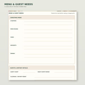Enlarged detail of Christmas Dinner & Hosting Planner page 1: Menu & guest needs; readable original table and writing areas.