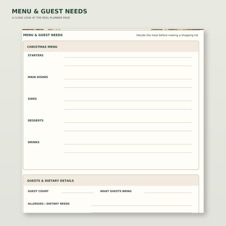 Enlarged detail of Christmas Dinner & Hosting Planner page 1: Menu & guest needs; readable original table and writing areas.