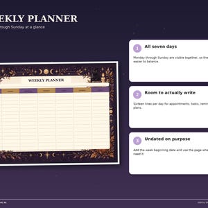 Witchy Night weekly planner page with seven columns for Monday through Sunday, room for appointments and notes, in a dark purple celestial design.