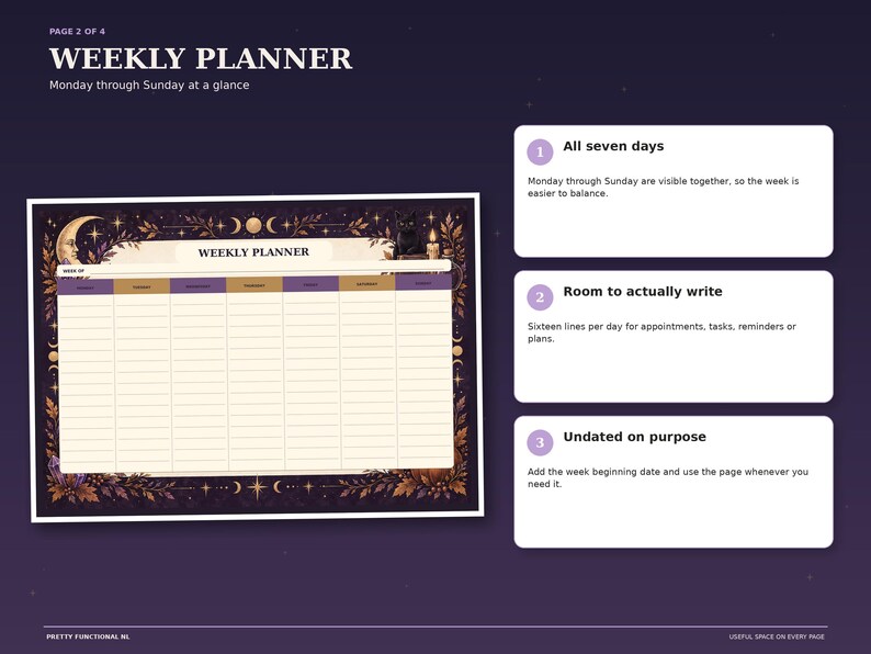 Witchy Night weekly planner page with seven columns for Monday through Sunday, room for appointments and notes, in a dark purple celestial design.