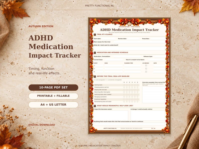 Autumn ADHD medication tracker with orange leaves, pumpkins, acorns and warm gold details, showing the trial profile and baseline page. Printable and fillable 10-page PDF set in A4 and US Letter.