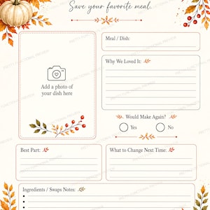 A printable dish of the week evaluation sheet with space for a photo, review notes, and ingredient swaps, styled with fall leaves.