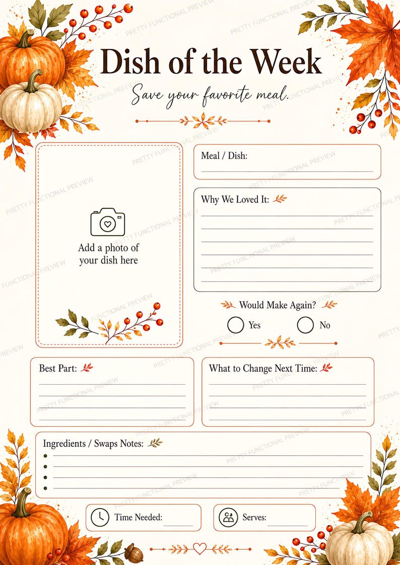 A printable dish of the week evaluation sheet with space for a photo, review notes, and ingredient swaps, styled with fall leaves.