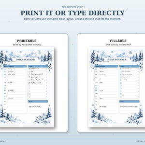 Printable and fillable Winter Mountains planner versions shown side by side, with handwriting and typed examples.
