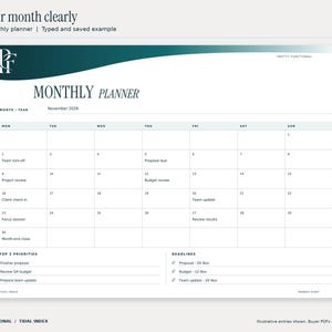 Tidal Index monthly fillable planner filled with an illustrative November 2026 office planning example. The six-row calendar includes real November dates, selected work events, priorities and deadlines. Design uses teal and petrol gradients and the PF monogram.