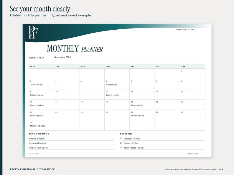 Tidal Index monthly fillable planner filled with an illustrative November 2026 office planning example. The six-row calendar includes real November dates, selected work events, priorities and deadlines. Design uses teal and petrol gradients and the PF monogram.
