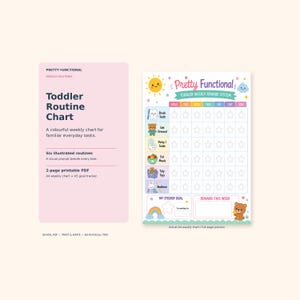 Actual Toddler Weekly Reward System chart with six illustrated routines, seven weekday columns, sticker goal and weekly reward spaces.