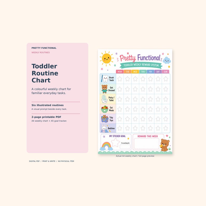 Actual Toddler Weekly Reward System chart with six illustrated routines, seven weekday columns, sticker goal and weekly reward spaces.