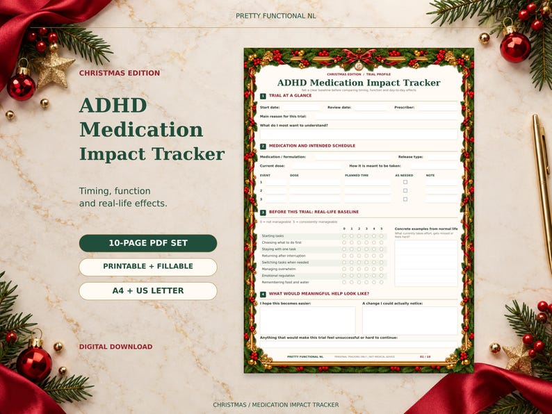 Christmas ADHD medication tracker with red ribbons, evergreen greenery, holly berries and gold details, showing the trial profile and baseline page. Printable and fillable 10-page PDF set in A4 and US Letter.