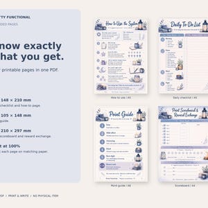 All four actual Cozy Daily Checklist PDF pages: A5 instructions, A5 checklist, A6 Point Guide and A4 scoreboard, with matching-paper print guidance.