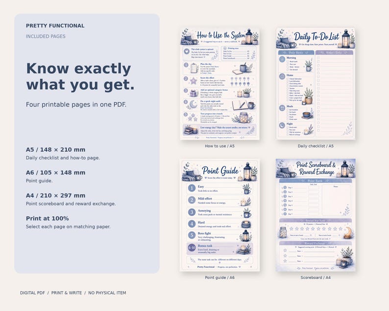 All four actual Cozy Daily Checklist PDF pages: A5 instructions, A5 checklist, A6 Point Guide and A4 scoreboard, with matching-paper print guidance.