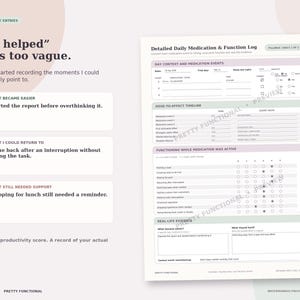 Completed sample medication log with fictional entries for dose time, first effect, useful function, mood and what stayed difficult, showing how typed text fits inside the fillable fields.