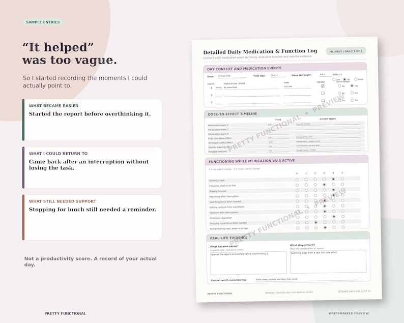 Completed sample medication log with fictional entries for dose time, first effect, useful function, mood and what stayed difficult, showing how typed text fits inside the fillable fields.