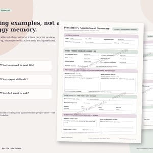 Watermarked doctor-visit summary filled with fictional examples of timing, improvements, remaining difficulties, side effects and questions to discuss with a qualified healthcare professional.