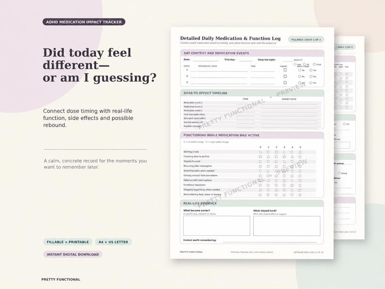 Soft cream listing graphic showing two watermarked pages from a printable medication tracker for ADHD, including a detailed daily log for dose timing, functioning and real-life evidence.