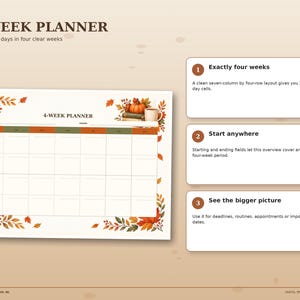 Undated autumn 4-week planner with 28 day spaces arranged across four weeks for deadlines, routines, appointments and monthly overview planning.