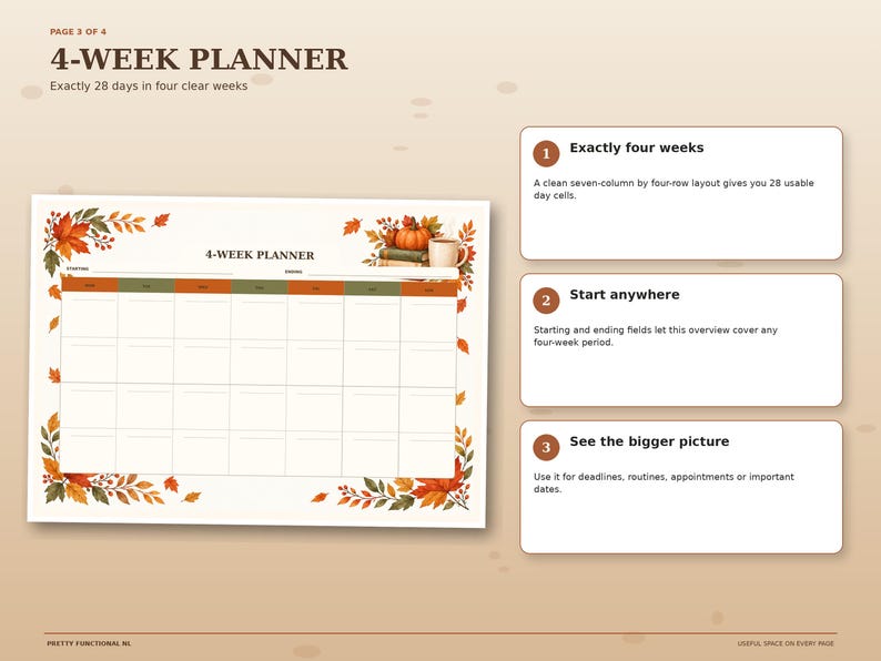 Undated autumn 4-week planner with 28 day spaces arranged across four weeks for deadlines, routines, appointments and monthly overview planning.