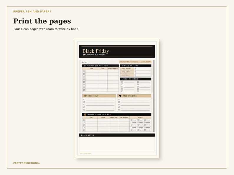Blank first page of the printable Black Friday Shopping Planner for handwriting.