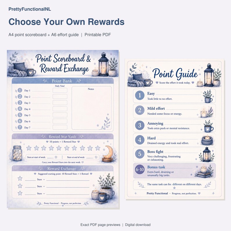 Choose Your Own Rewards. Exact pages from the buyer PDF, with enlarged readable previews. Digital download by PrettyFunctionalNL.