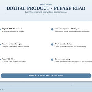 Important digital product information for the Winter Mountains planner: four PDF files, personal use and no physical shipment.