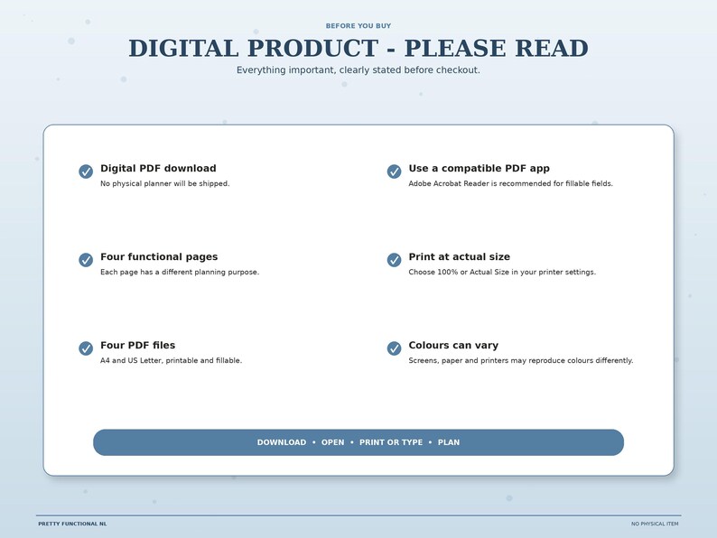 Important digital product information for the Winter Mountains planner: four PDF files, personal use and no physical shipment.