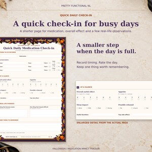 Halloween Quick Daily Medication Check-in, with a complete page and enlarged actual detail for overall effect, appetite, sleep and rebound observations.