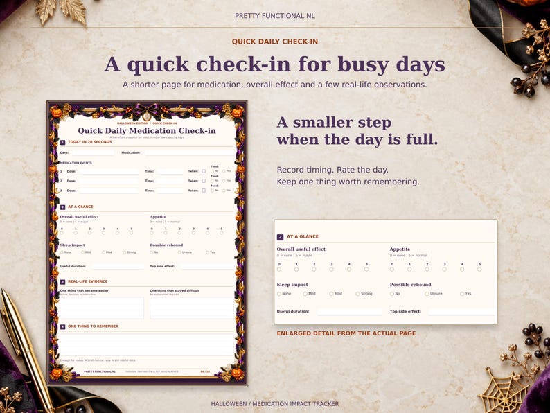 Halloween Quick Daily Medication Check-in, with a complete page and enlarged actual detail for overall effect, appetite, sleep and rebound observations.