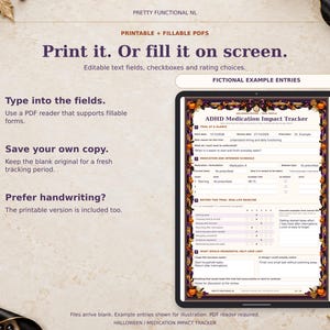 Halloween fillable medication tracker shown on a tablet mockup with clearly labelled fictional example entries. The downloaded PDFs are blank and require a compatible PDF reader.