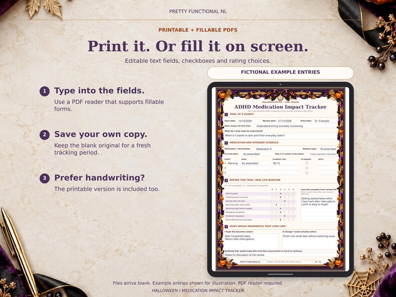 Halloween fillable medication tracker shown on a tablet mockup with clearly labelled fictional example entries. The downloaded PDFs are blank and require a compatible PDF reader.