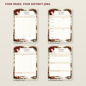 All four real pages of the Christmas Gift Planner: Master gift list, Gift ideas by person, Shopping & orders, Final handoff & follow-up.